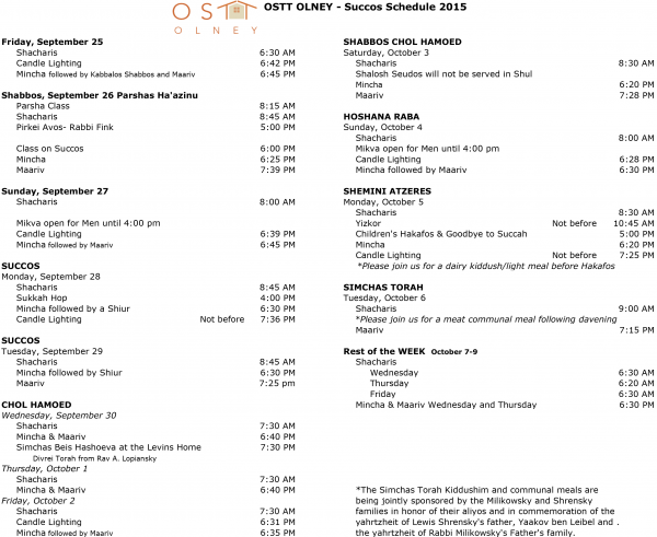 OSTT Olney Succos Schedule 2015