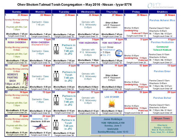 OSTT May 2016 Calendar